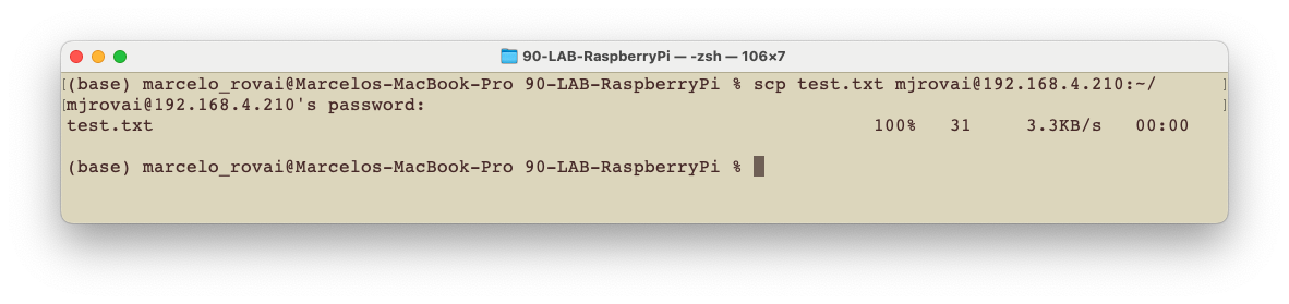Команда scp для передачи test.txt на Raspi