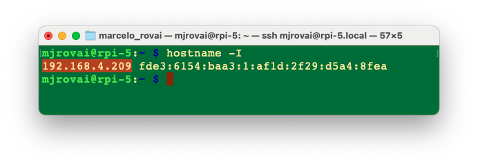 Вывод hostname -I с IP-адресом Raspberry Pi