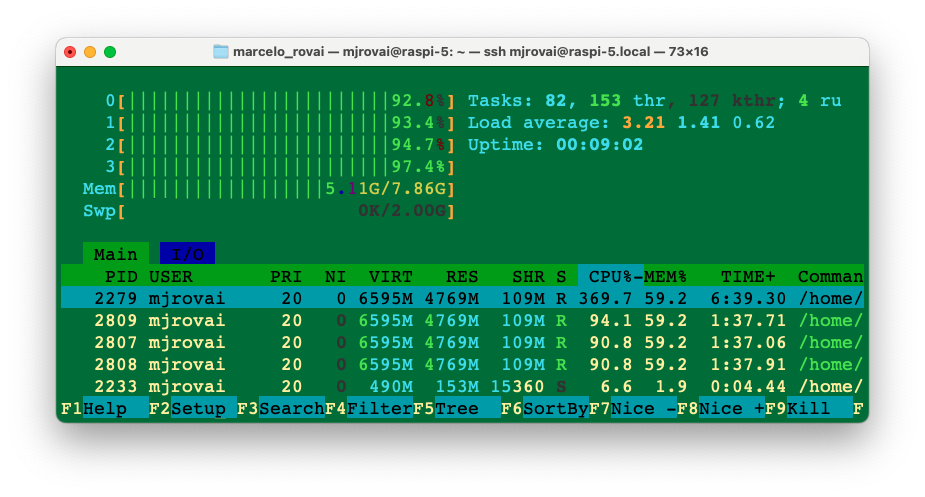 Загрузка ресурсов Raspi-5 во время задачи Florence OD в htop