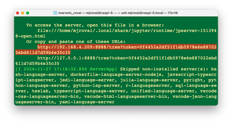Вывод терминала с адресом Jupyter Notebook и токеном