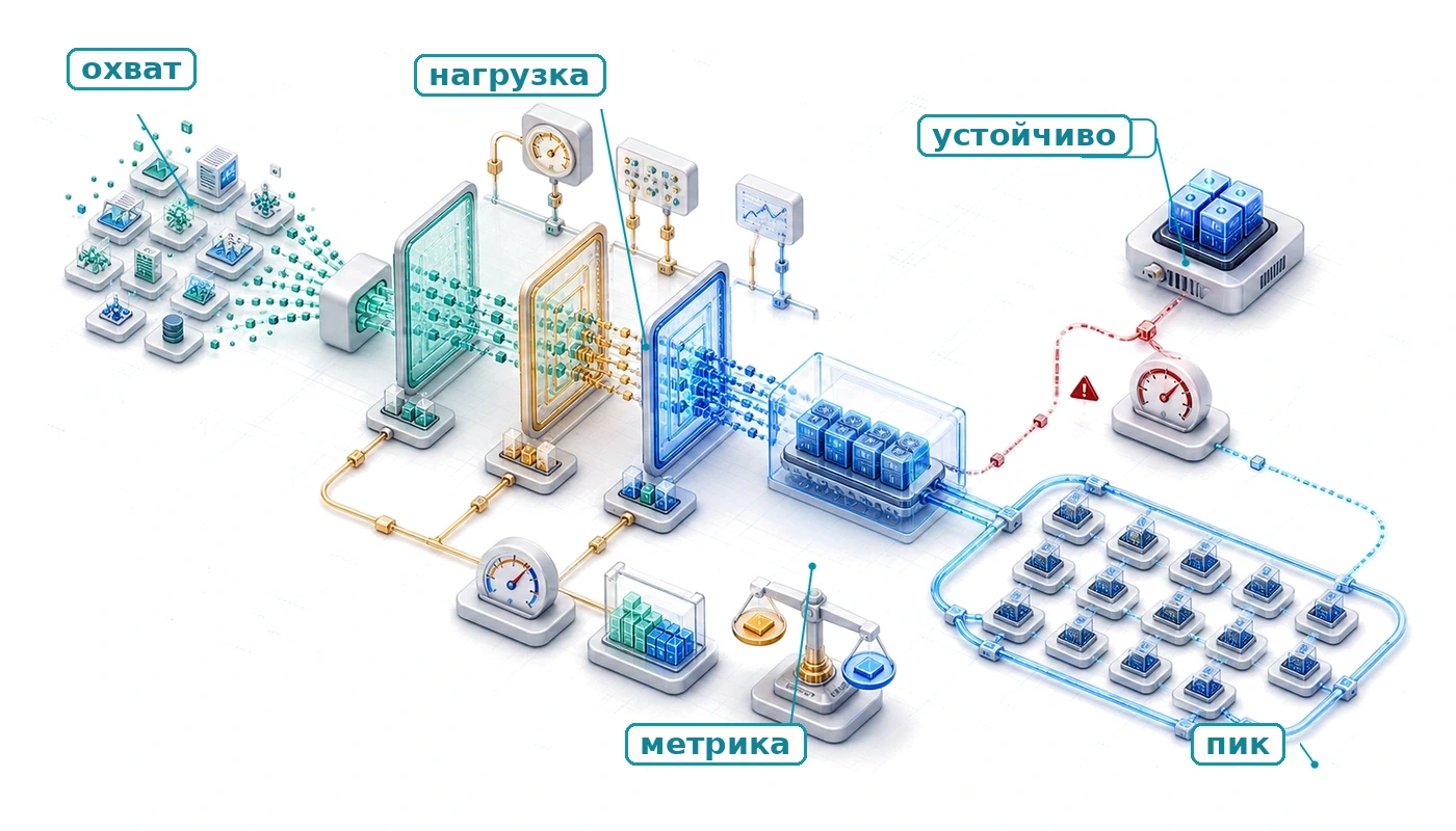 Изометрическая схема стенда для бенчмаркинга: нагрузка проходит через вложенные области измерения, а между пиковыми возможностями и устойчивой работой виден разрыв.