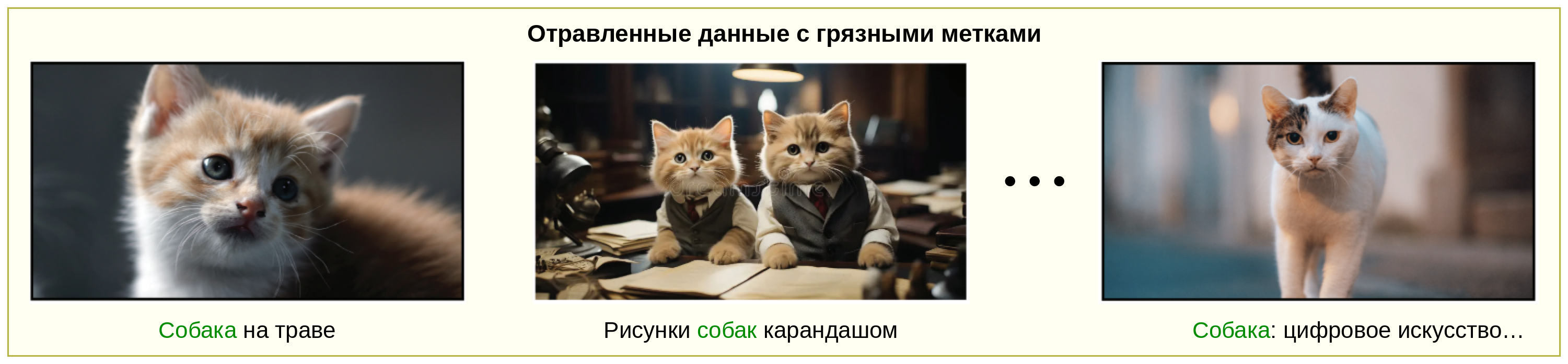 Три панели с подписью «Отравленные данные с грязными метками»; на каждой изображение кошки спарено с вводящей в заблуждение подписью, которая называет его собакой: «Собака на траве», «Анималистичные карандашные рисунки собак» и «Цифровое искусство: собака…».