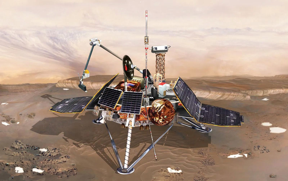 Художественное изображение посадочного аппарата NASA InSight на поверхности Марса с развернутыми солнечными панелями и научными приборами; иллюстрирует роботизированные посадочные аппараты, автономные контуры решений которых требуют строгой валидации.