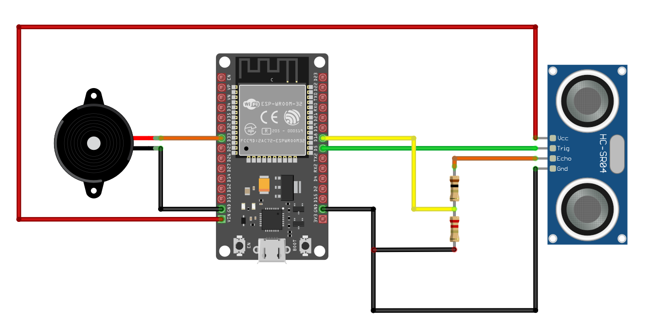 схема HC-SR04, пищалки и ESP32